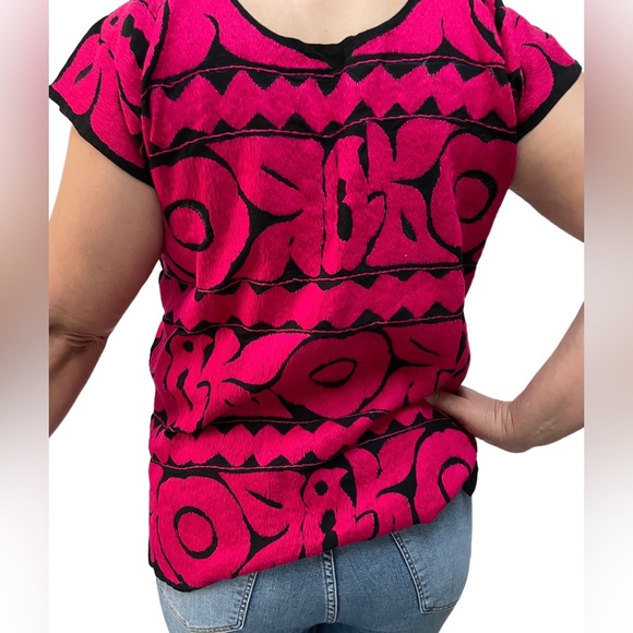 Women's Black/Pink Hand embroidered Viscose Bohemian blouse top summer (L) NWT - Picture 3 of 5